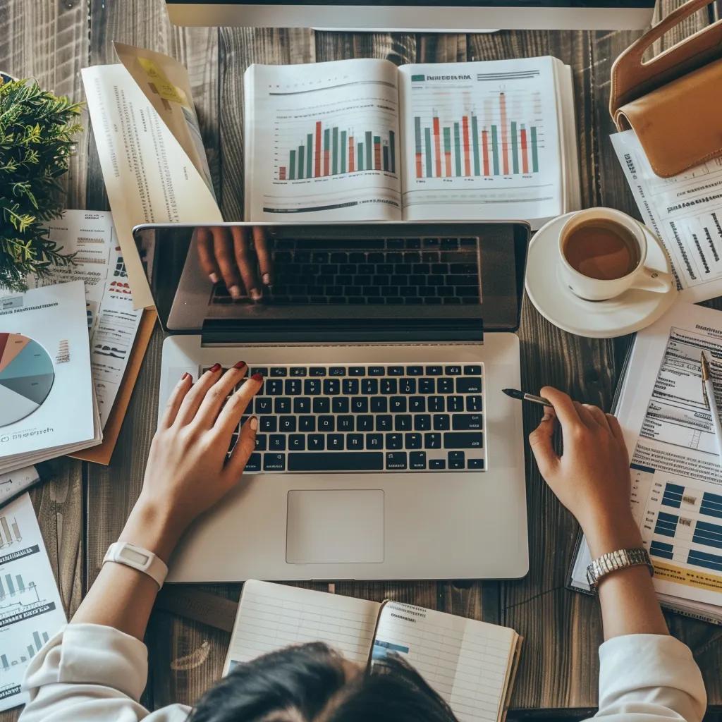 Person analyzing SEO data on a laptop surrounded by SEO materials