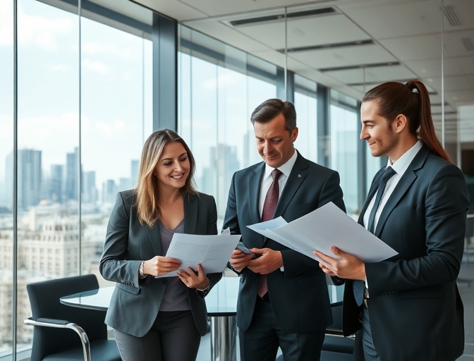 Business professionals discussing documents in a modern office setting with city skyline views, reflecting collaboration and strategic planning for SEO success.