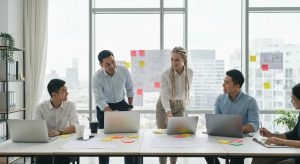A dynamic team of SEO professionals collaborating in a modern, bright office space, brainstorming ideas.