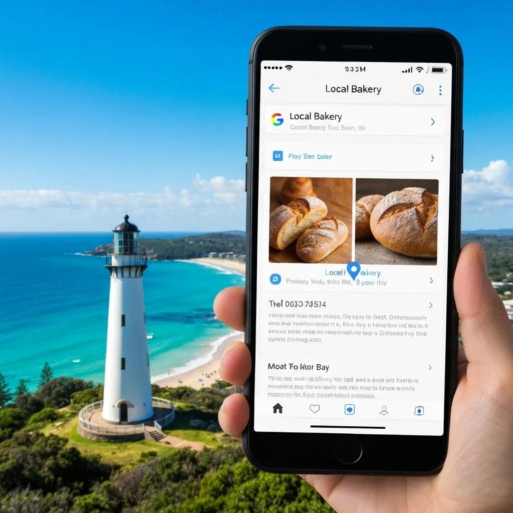 Close-up of a smartphone displaying Google Maps with a local Byron Bay business listing highlighted