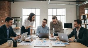 A team of marketing professionals collaborating on SEO strategies in a modern office environment
