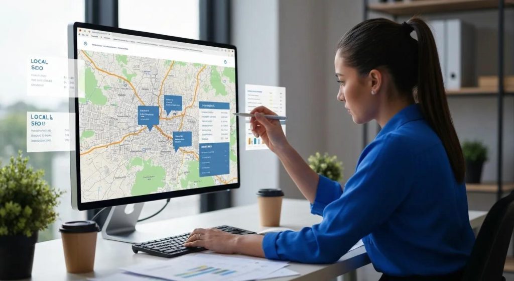 Digital marketing specialist examining local SEO data overlaid on a map of Hobart, Tasmania