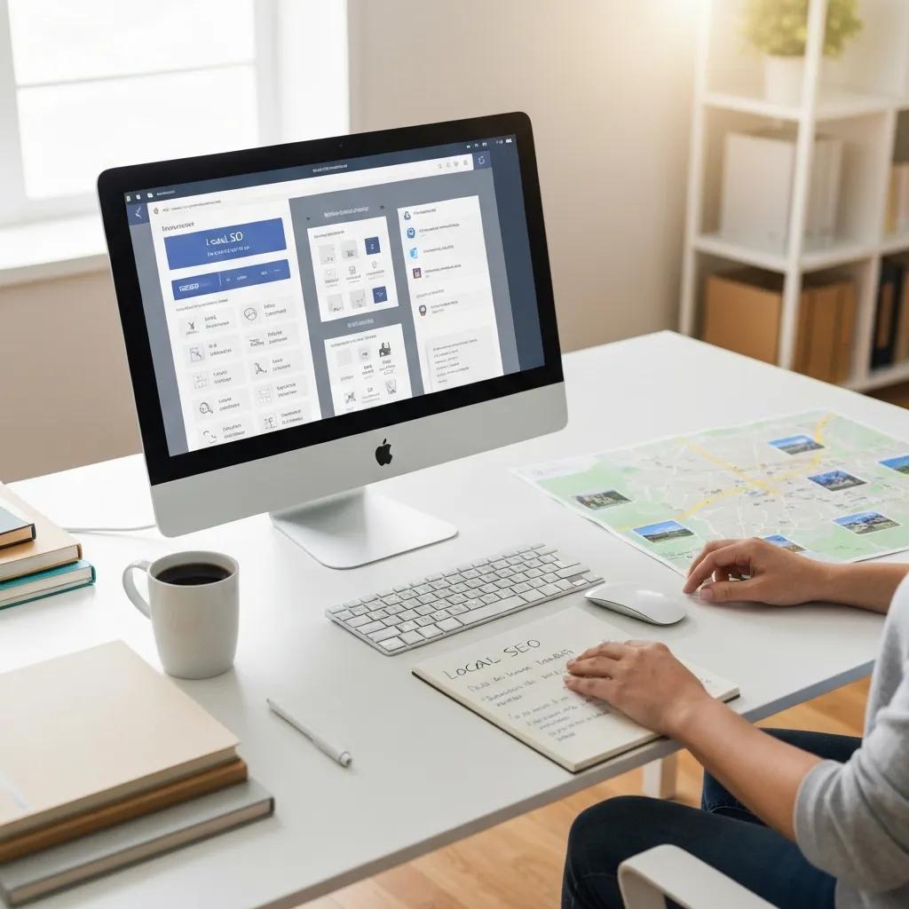 A modern workspace setup with various keyword research tools for local SEO strategy planning