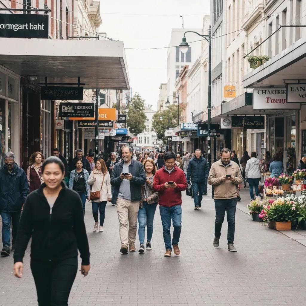 Vibrant street scene in Hobart, Tasmania, showcasing local businesses and people engaging with digital devices, illustrating the power of effective SEO