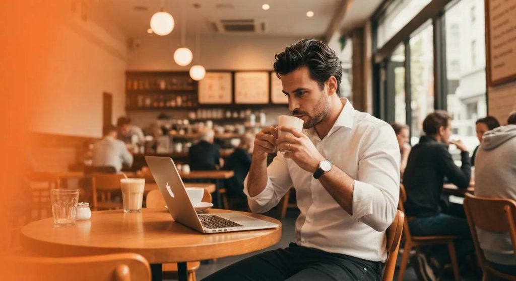 A Melbourne business owner reviewing effective local SEO strategies while enjoying a coffee at a local café