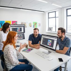 Digital marketing specialists collaborating on SEO strategies in a modern office setting