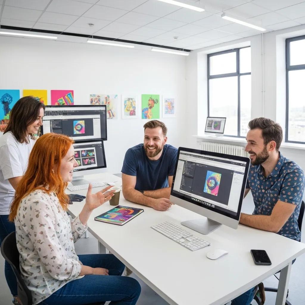 Digital marketing specialists collaborating on SEO strategies in a modern office setting