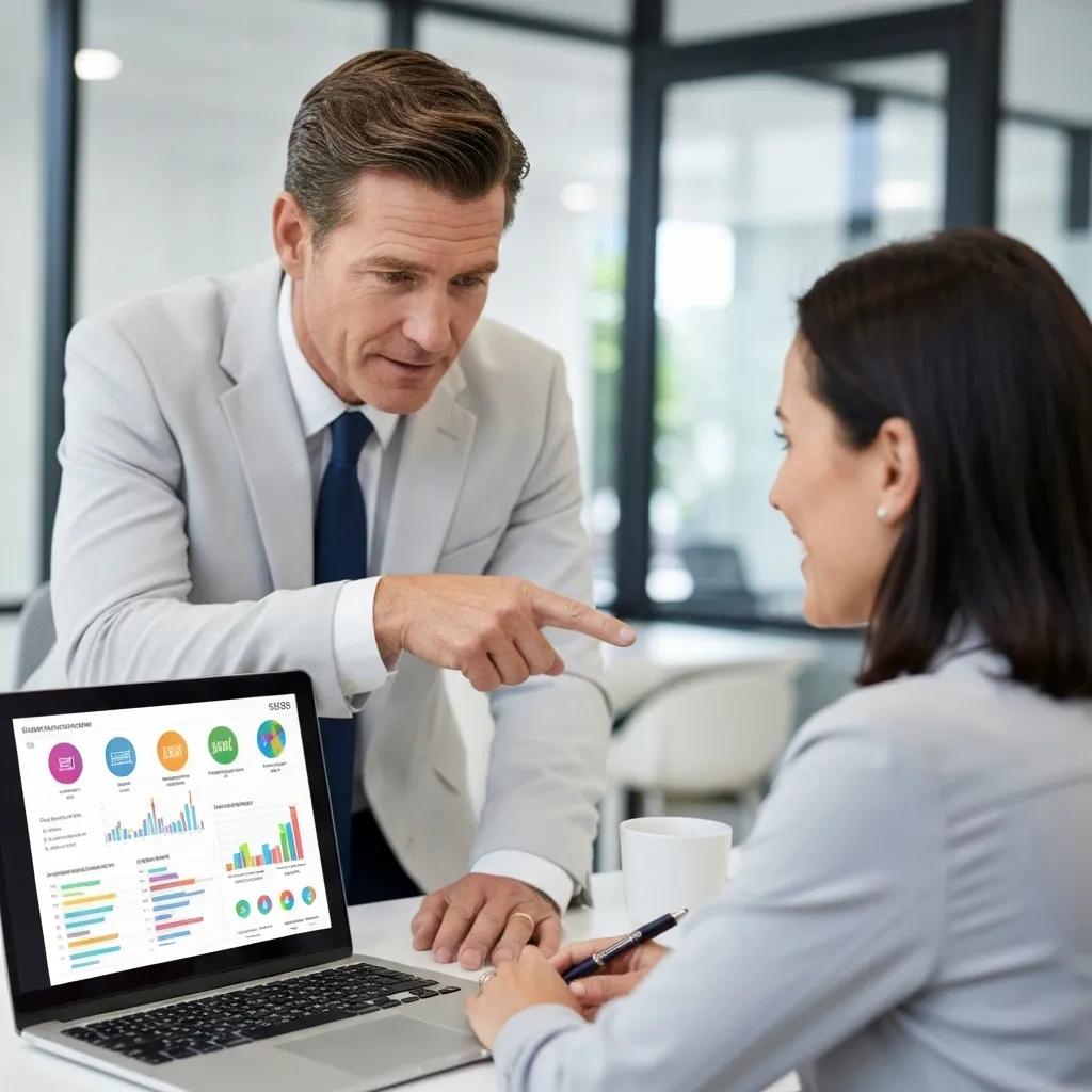 An SEO consultant presenting a digital marketing strategy to a small business owner