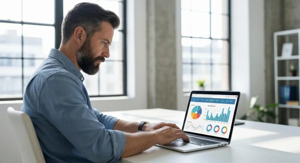 Sydney small business owner reviewing website analytics on a laptop, symbolising enhanced online visibility through SEO