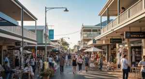 Vibrant street scene in Byron Bay showcasing local shops and bustling atmosphere