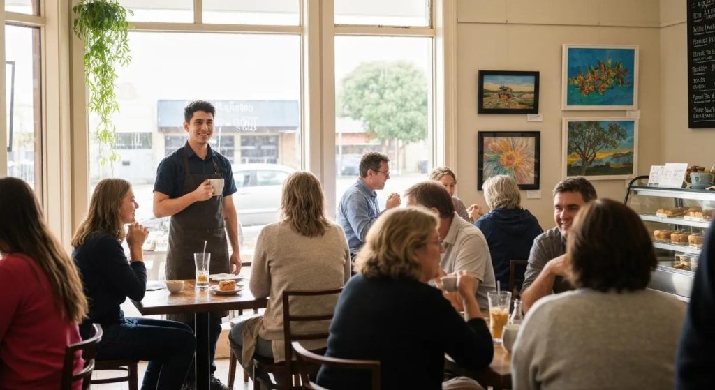 Café scene with a smiling barista holding a coffee cup, surrounded by patrons enjoying food and drinks, and art displayed on the walls, highlighting local business atmosphere relevant to SEO services for Canberra.