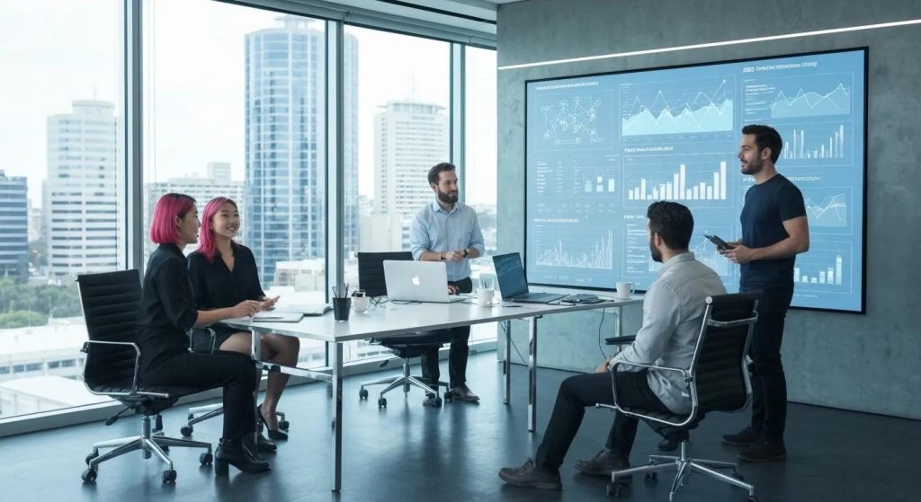 Business meeting in a modern office, discussing SEO strategies, with data visualizations displayed on a screen, highlighting analytics and performance metrics.