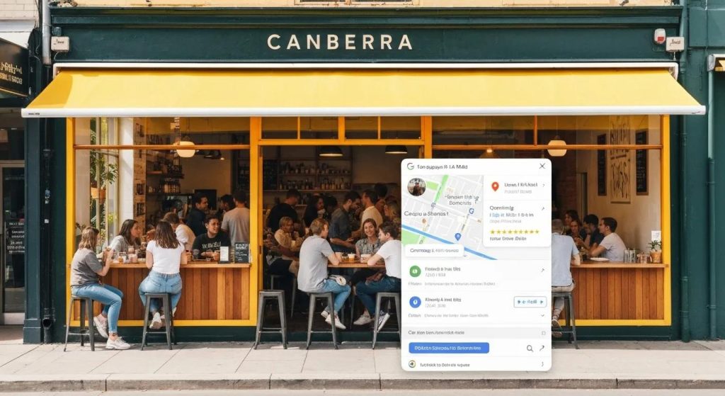 Exterior view of a busy café in Canberra, featuring patrons dining inside, a bright yellow awning, and a Google Maps interface displaying location details.