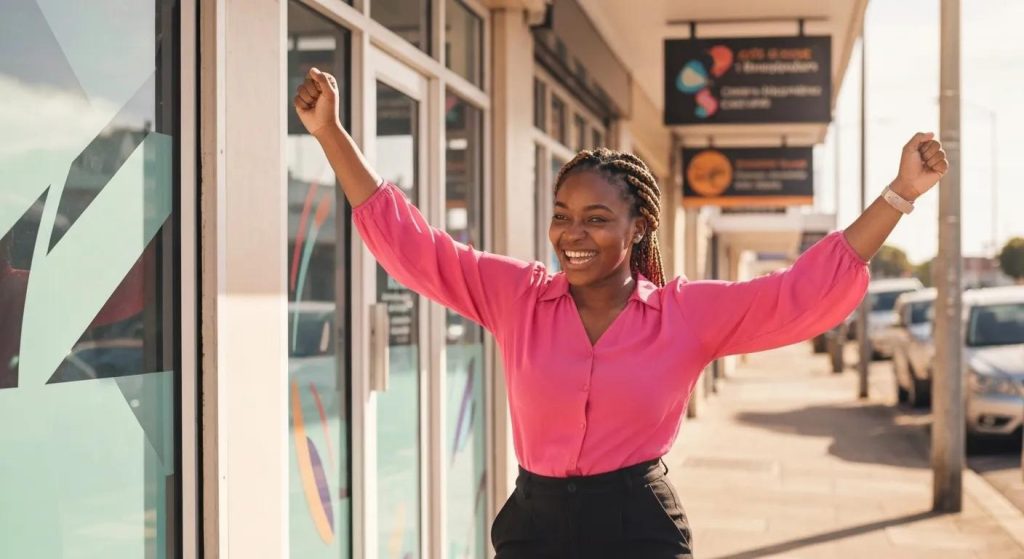Smiling woman in pink blouse celebrating success outside a business, representing local SEO growth and community engagement.