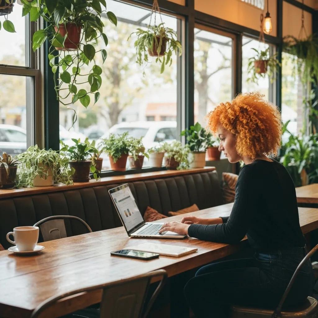 A business owner in Toowoomba reviewing their website's search engine performance on a laptop in a cafe setting.