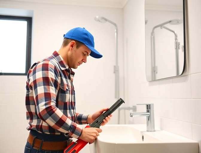 Plumber in blue cap and checked shirt using a wrench in modern bathroom, representing plumbing services and expertise in home maintenance.