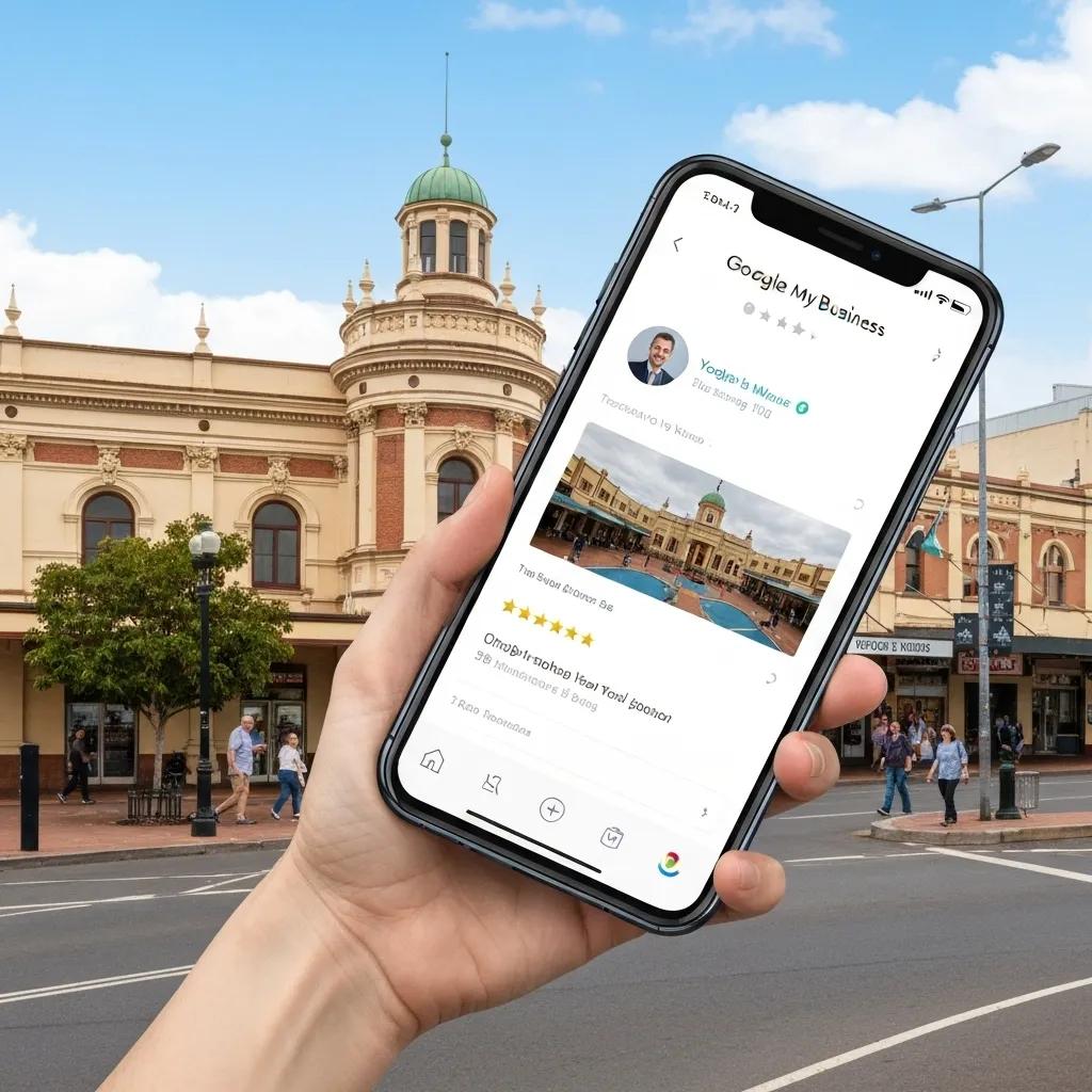 A close-up of a Google My Business profile displayed on a smartphone, showcasing a local Toowoomba business.