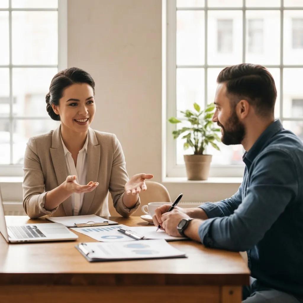 A consultant and a small business owner reviewing SEO service packages and pricing details.