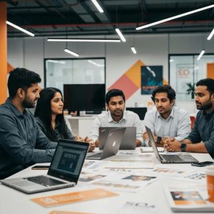A dynamic team of digital marketing specialists collaborating on innovative SEO strategies within a modern Melbourne office setting