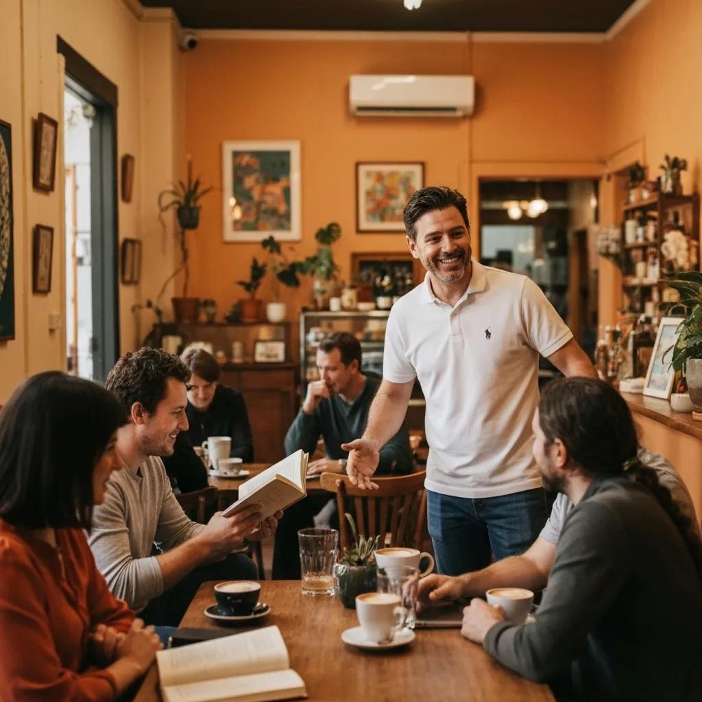 A local business owner interacting with customers in a bustling café, illustrating the impact of local SEO