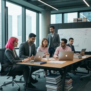 SEO specialists collaborating in a modern office, focusing on teamwork and digital marketing strategies