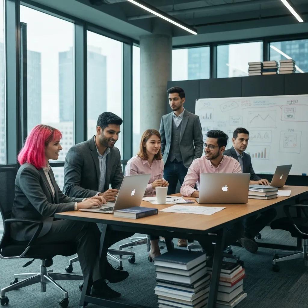 SEO specialists collaborating in a modern office, focusing on teamwork and digital marketing strategies