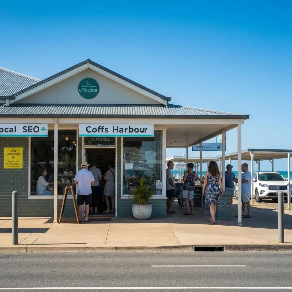 Coffs Harbour local business storefront promoting SEO services, with customers interacting outside, showcasing community engagement and local visibility.