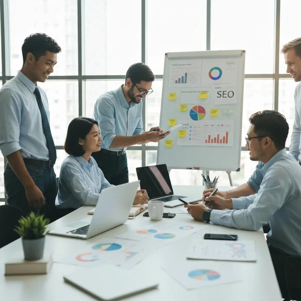 Team collaborating on SEO strategies in a modern office, analysing charts and graphs on a whiteboard, with laptops and documents on the table, emphasising local SEO growth for businesses.