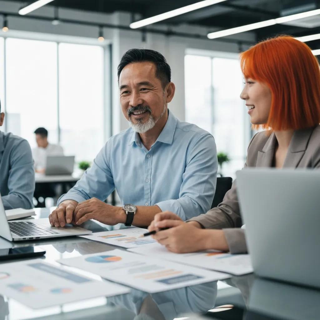 Business professionals collaborating in a modern office, discussing SEO strategies with charts and graphs on the table, emphasising local SEO growth.