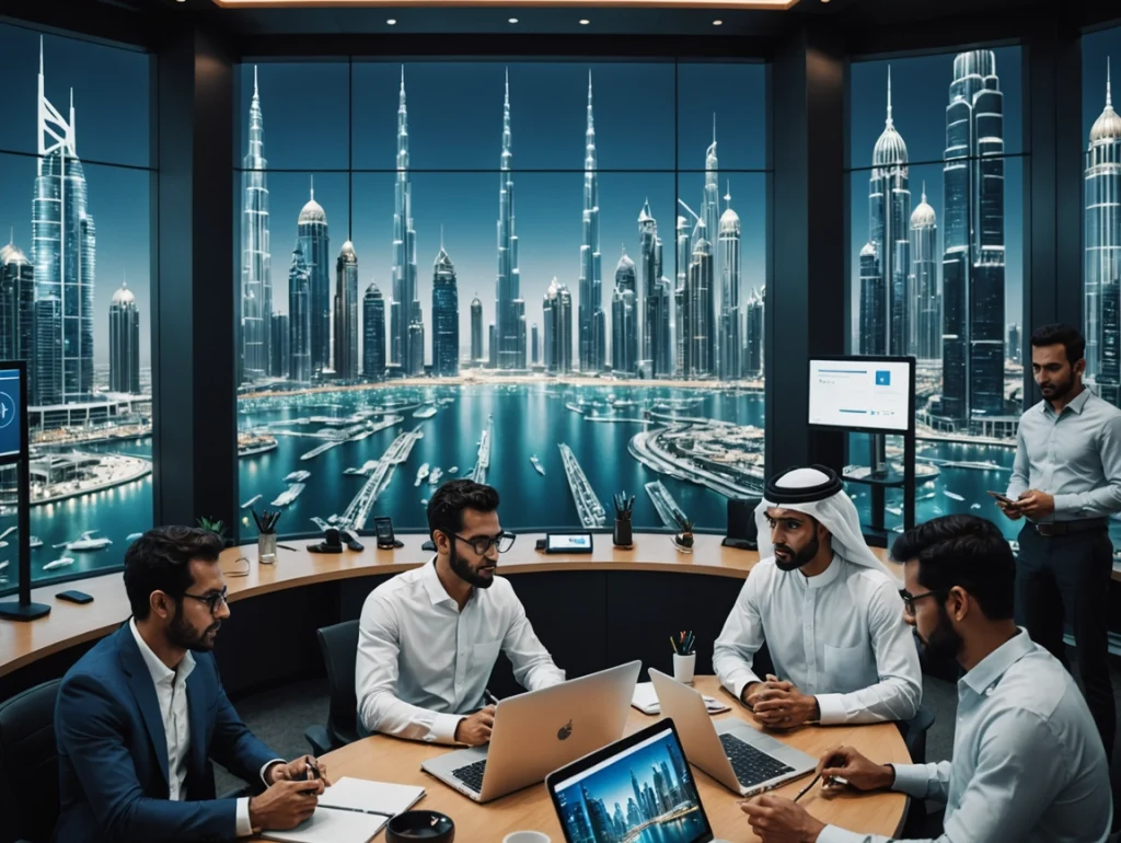 Business meeting in modern office with Dubai skyline, professionals discussing SEO strategies and digital marketing solutions.