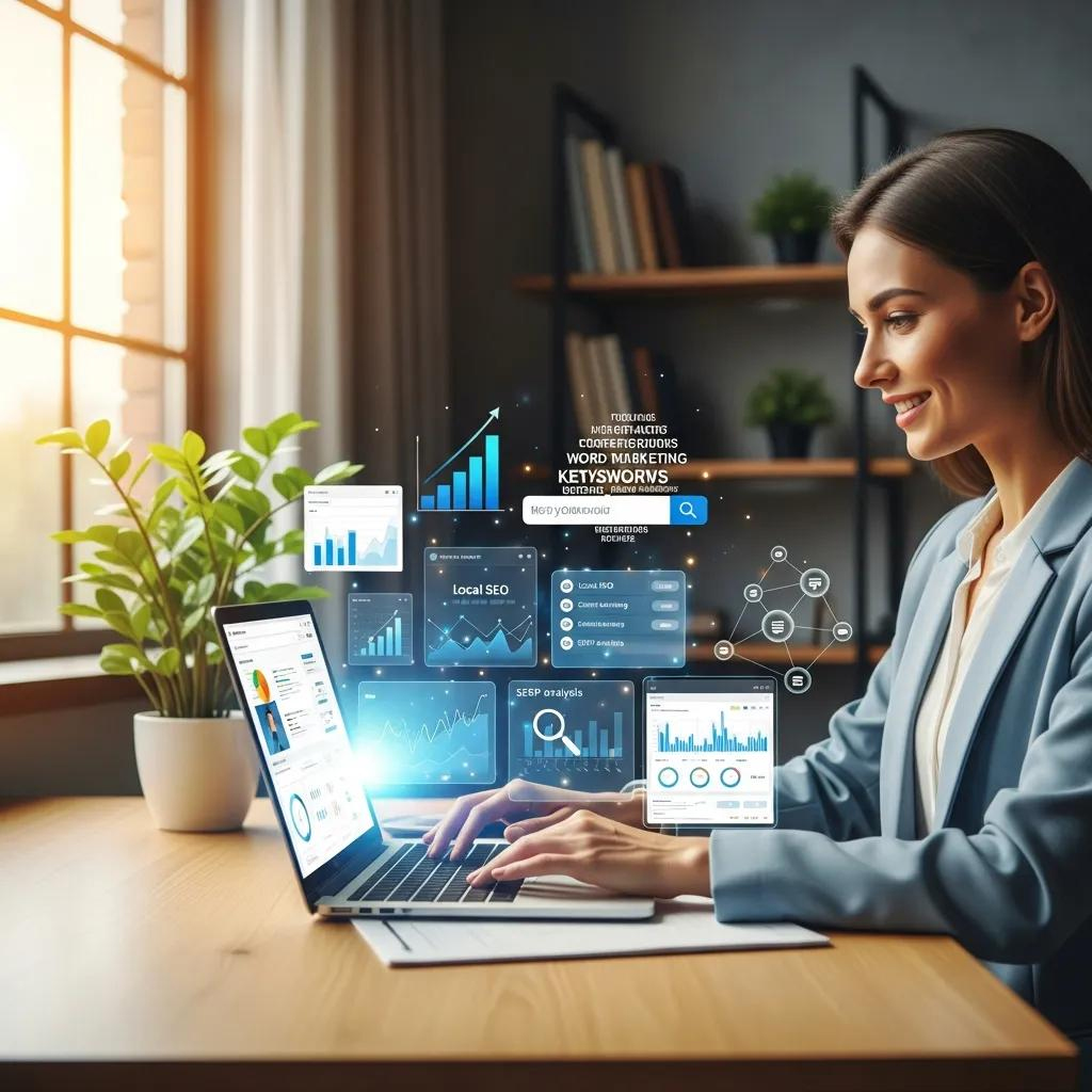 Woman using a laptop with digital analytics and SEO data visualisations, emphasising AI-driven SEO strategies for small businesses.