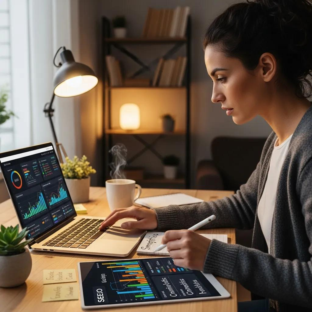 Woman analysing SEO data on laptop and tablet, with graphs and metrics displayed, in a cozy workspace with coffee and plants.