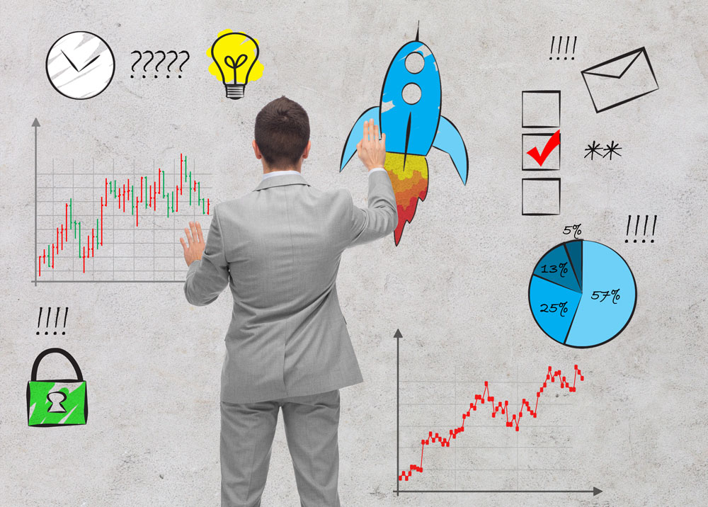 Business professional analysing growth metrics and strategies, surrounded by graphs, charts, and icons representing innovation and marketing, relevant to SEO services and online visibility.