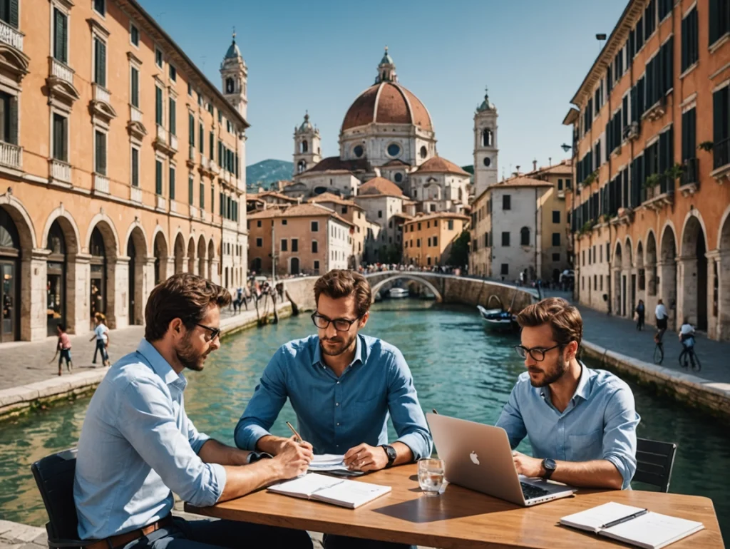 Three professionals discussing strategies outdoors by a canal in Italy, with a laptop and notepads, reflecting collaboration in digital marketing and SEO services.