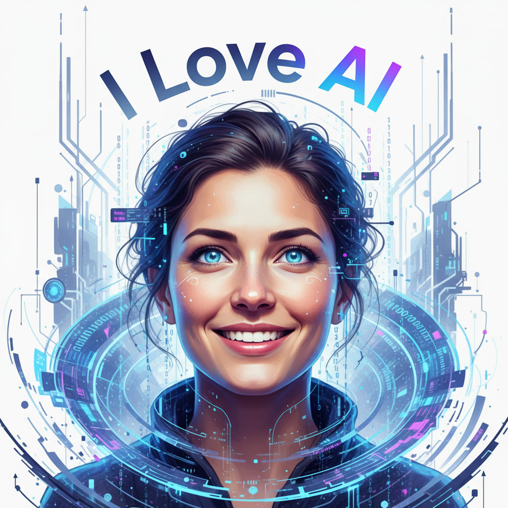 Futuristic illustration of a smiling woman with bright eyes, surrounded by digital elements and the text "I Love AI," representing the integration of AI in business growth and SEO services.