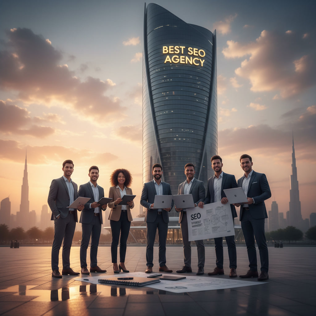 Modern Dubai cityscape at sunset featuring a sleek skyscraper with "BEST SEO AGENCY" signage, surrounded by a diverse team of professionals holding laptops and documents, symbolising SEO expertise and digital marketing services.