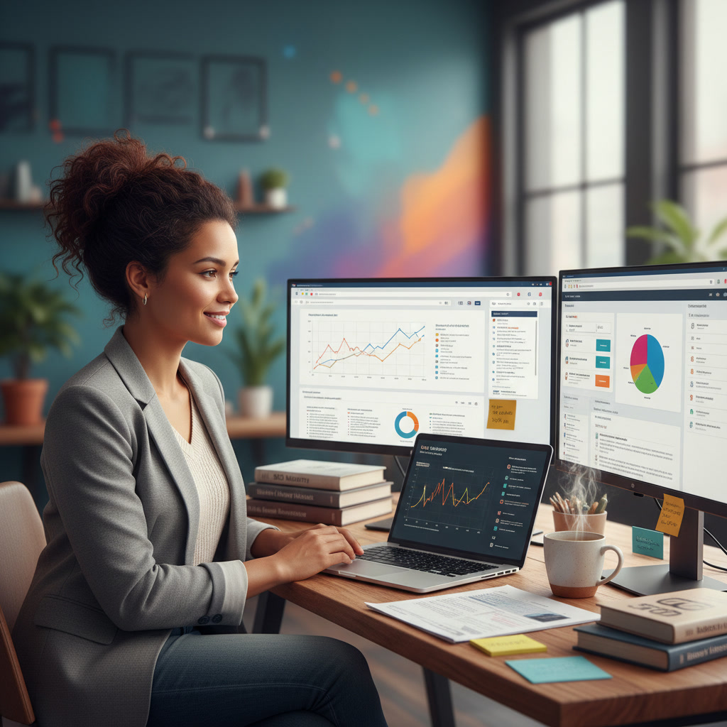 Professional woman with curly hair using multiple screens displaying data analytics and SEO metrics, in a modern office setting, emphasising digital marketing and AI search optimisation for Australian small businesses.