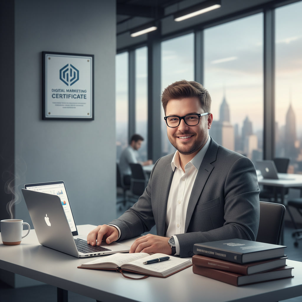 Professional SEO consultant at modern desk with laptop, digital marketing certificate on wall, and notes, illustrating effective lead generation strategies for businesses.