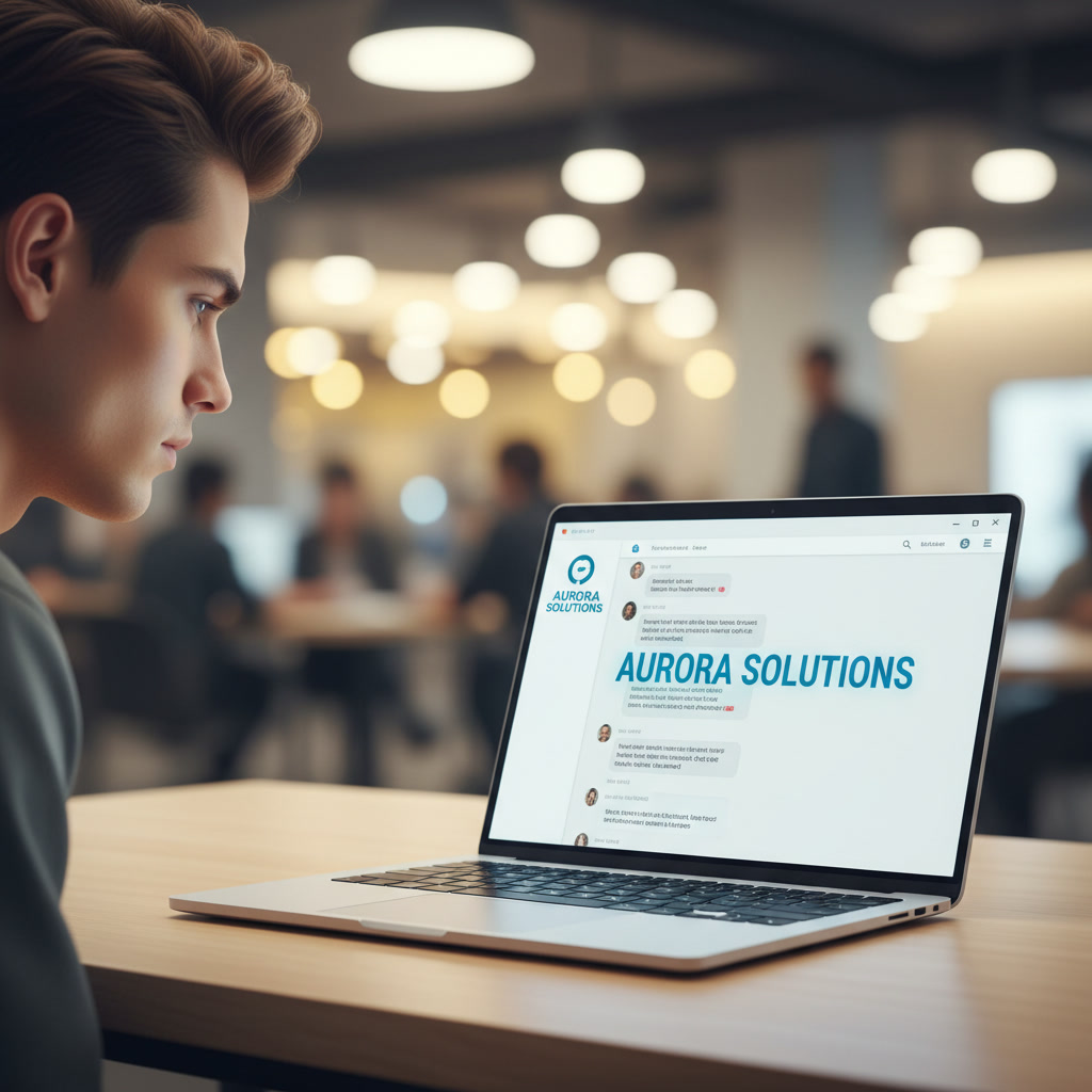 Person focused on laptop displaying the ChatGPT interface and 'Aurora Solutions' branding, in a modern office setting, illustrating AI-driven communication for businesses.