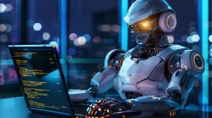 Robot working on laptop in a modern office setting, illustrating AI technology and its role in SEO strategies for ecommerce.