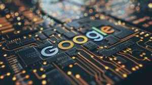 Google logo on a circuit board background, symbolising AI SEO and digital visibility strategies.