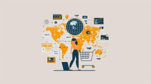 Illustration of a woman standing with a laptop and shopping cart, surrounded by a world map, Wi-Fi symbol, and various digital analytics icons, representing AI-driven strategies for global ecommerce and SEO visibility.