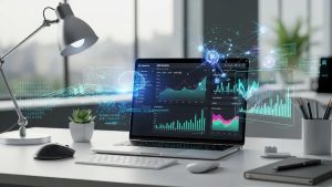 Modern workspace with laptop displaying SEO analytics and AI elements for AI search visibility.
